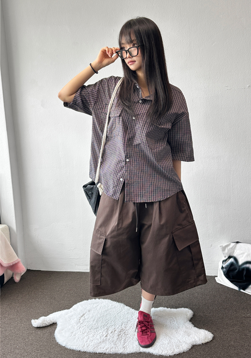 Cake Check Button Collar Short Sleeve Shirt 2 COLORS