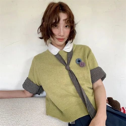 [1+1 Special] Tours Flower Decor Round Neck Wool Short Sleeve Knit