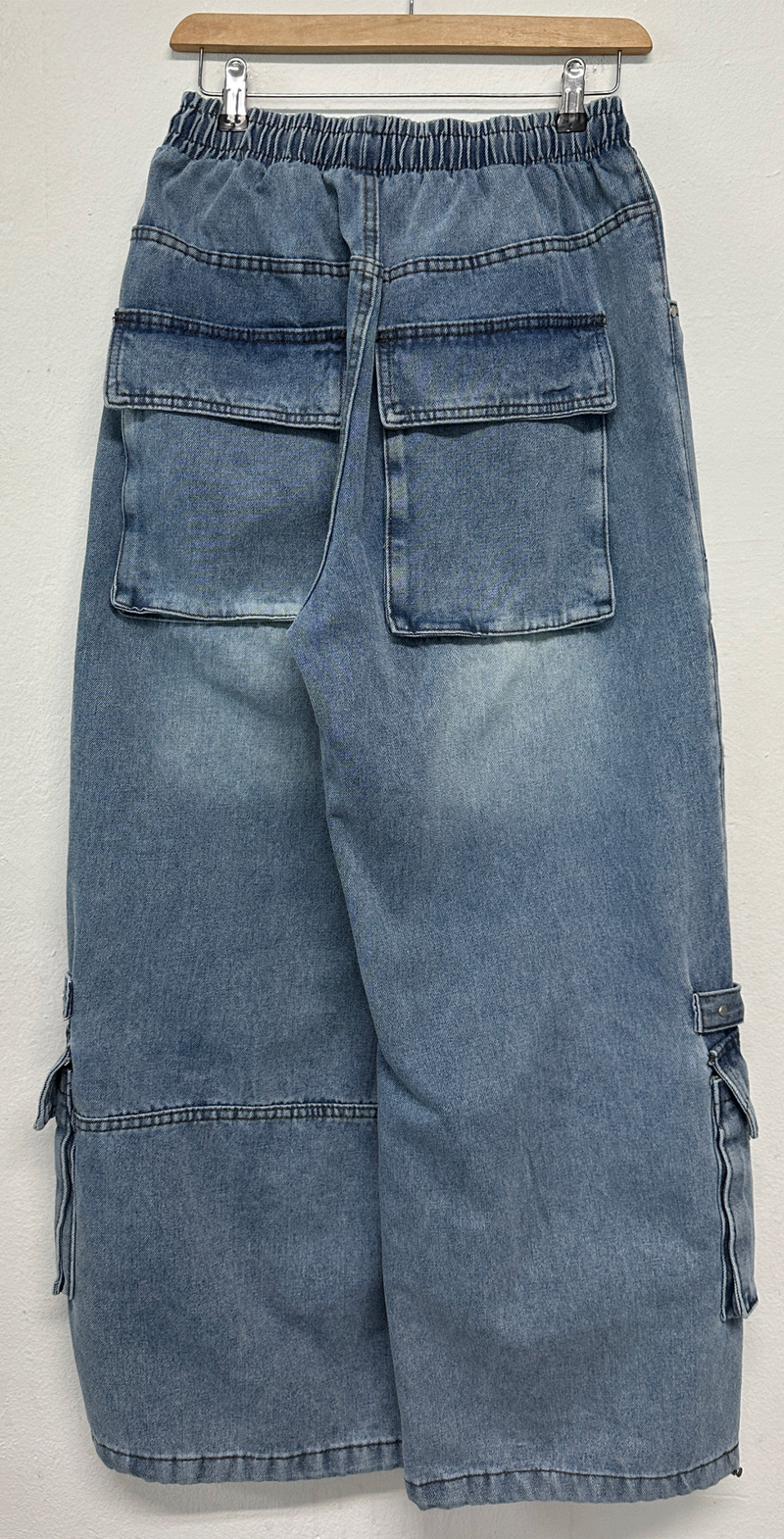 HIP RIVET KEYRING DOWN CARGO DENIM LONG PANTS🩵🩶 - 2 COLORS