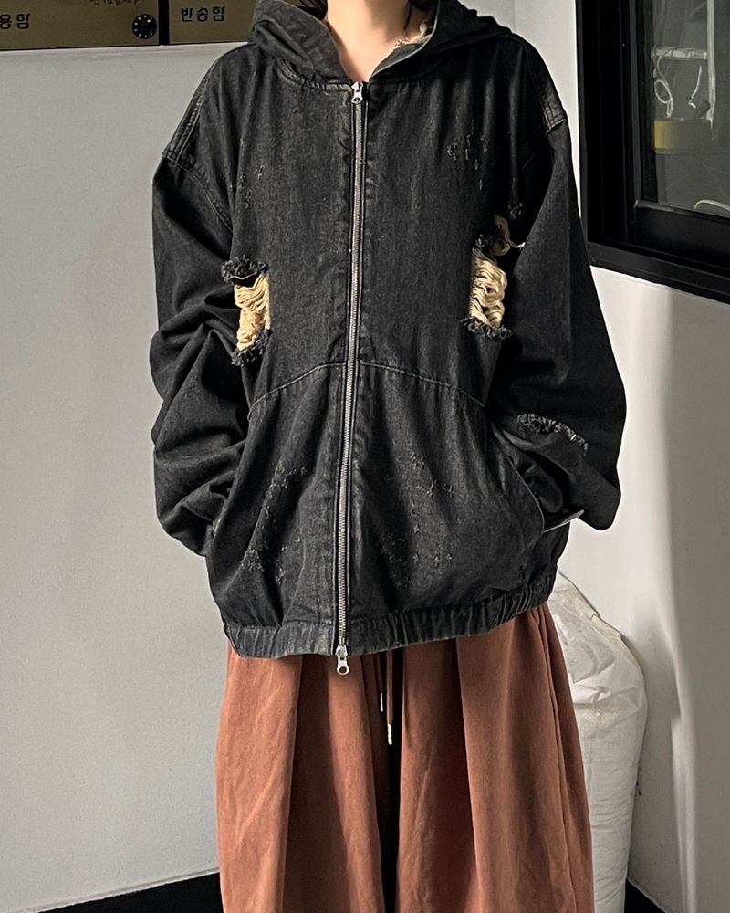 Vintage Dis denim Hooded Zip-Up