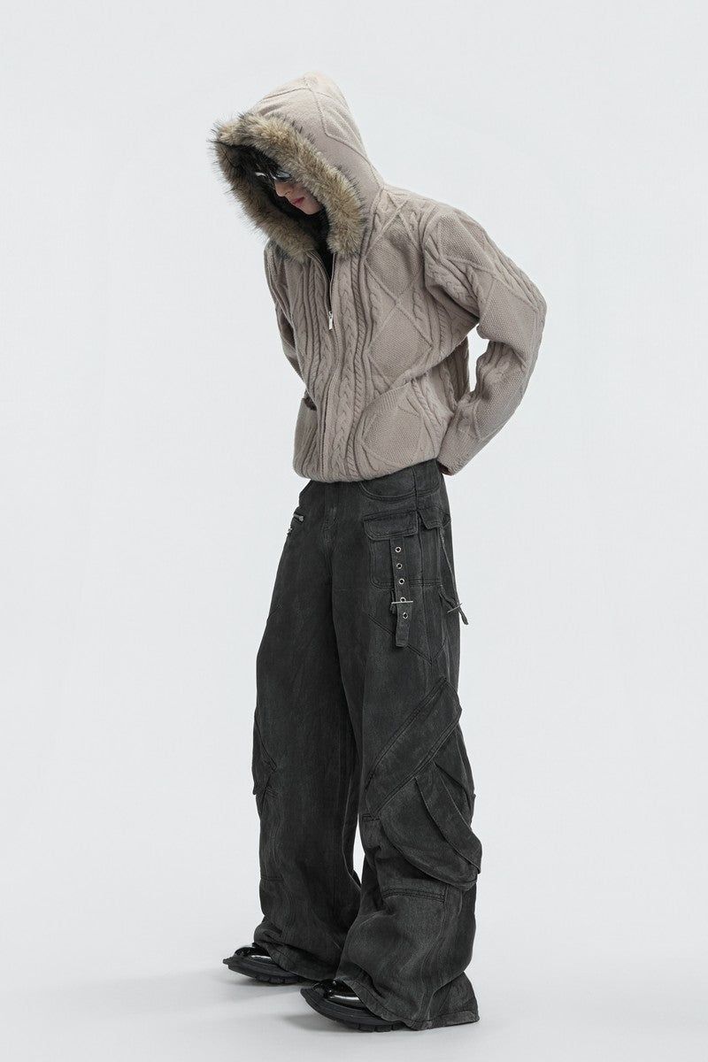 Faux Fur Knit Zip-Up Hoodie
