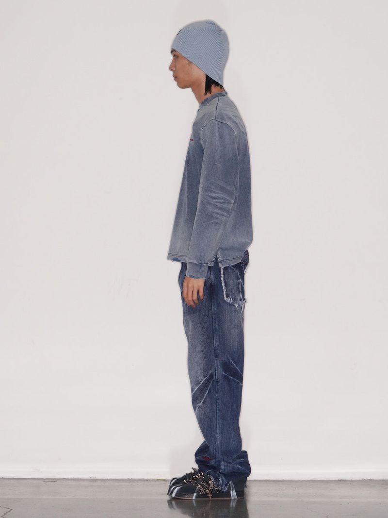 WASHED KNIT DENIM LONG SHIRT