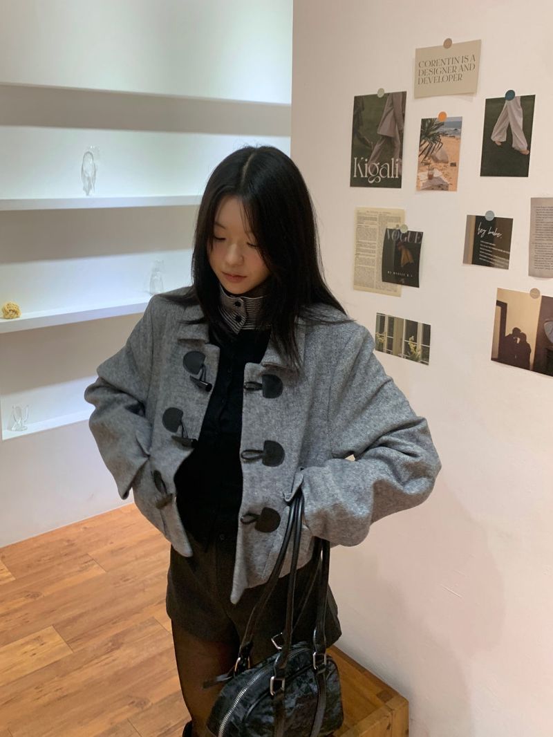 British Gray Duffel Button Quilted Crop Coat