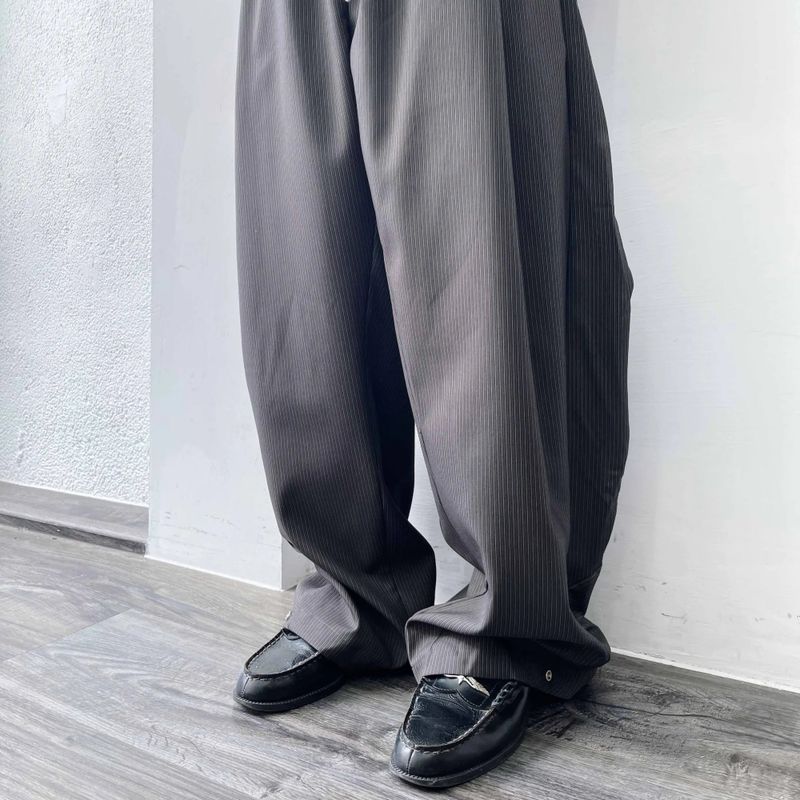 Curved Striped Balloon Trousers(Elastic Waist)