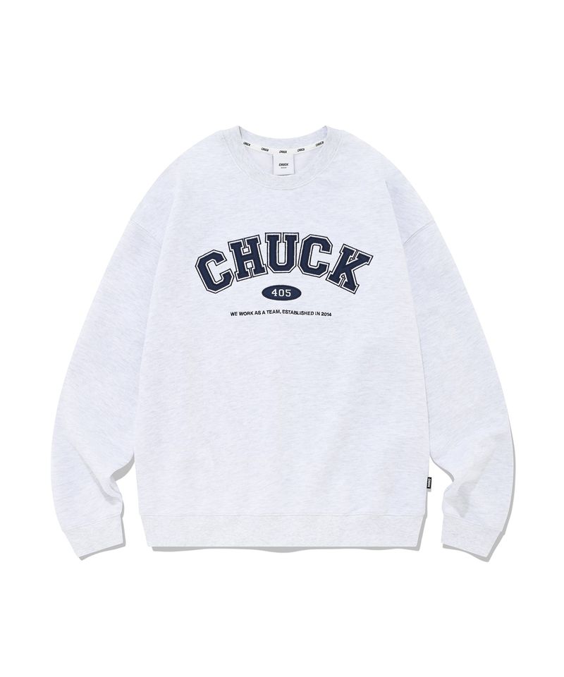 CHUCK（チャック）の「CHUCK アプリケアーチロゴスウェットシャツ / [Winter Ver.] CHUCK APPLIQUE ARCH LOGO SWEATSHIRT (LIGHT GRAY&NAVY)（Tops）」