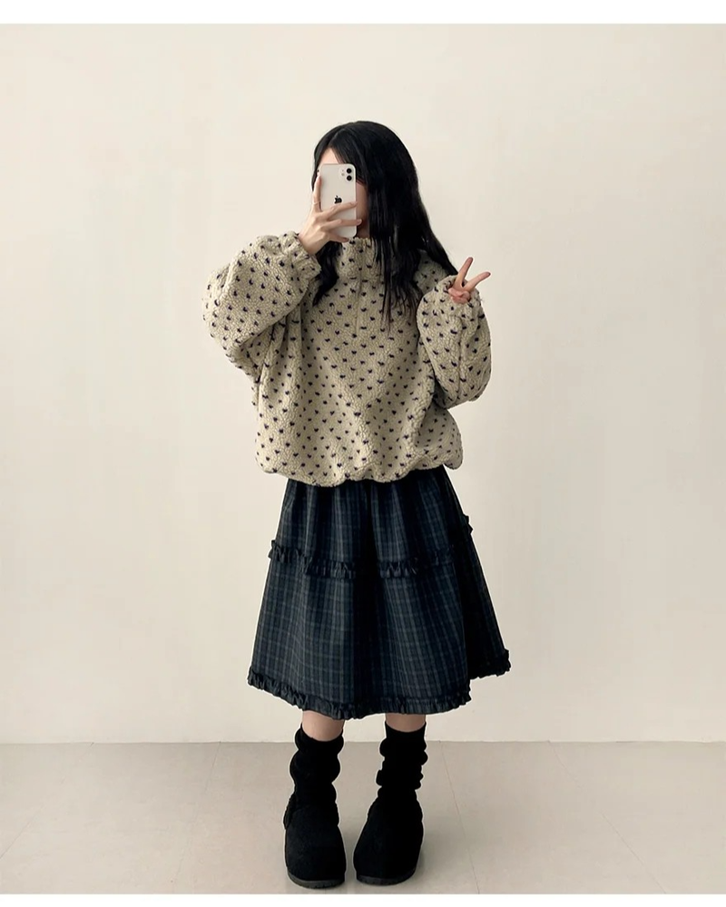 Marie Heart Dot Pattern Fleece High Neck Half Zip Up