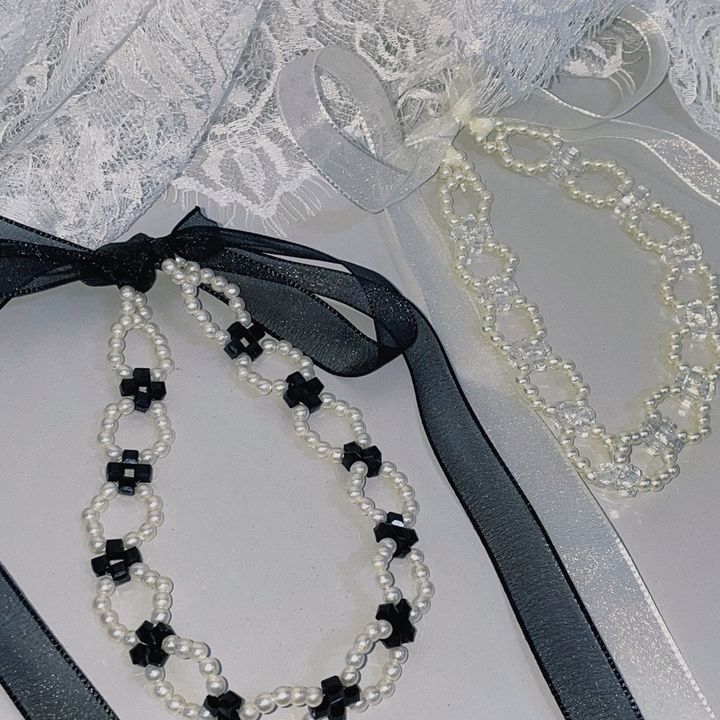 mix pearl ribbon tie choker