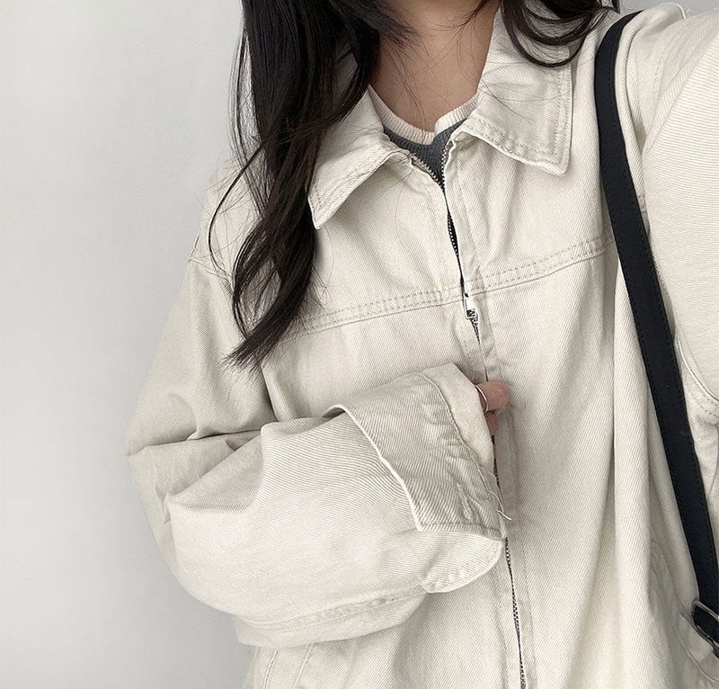 Rentto Basic Collar Zipper Loose Fit Cotton Jacket