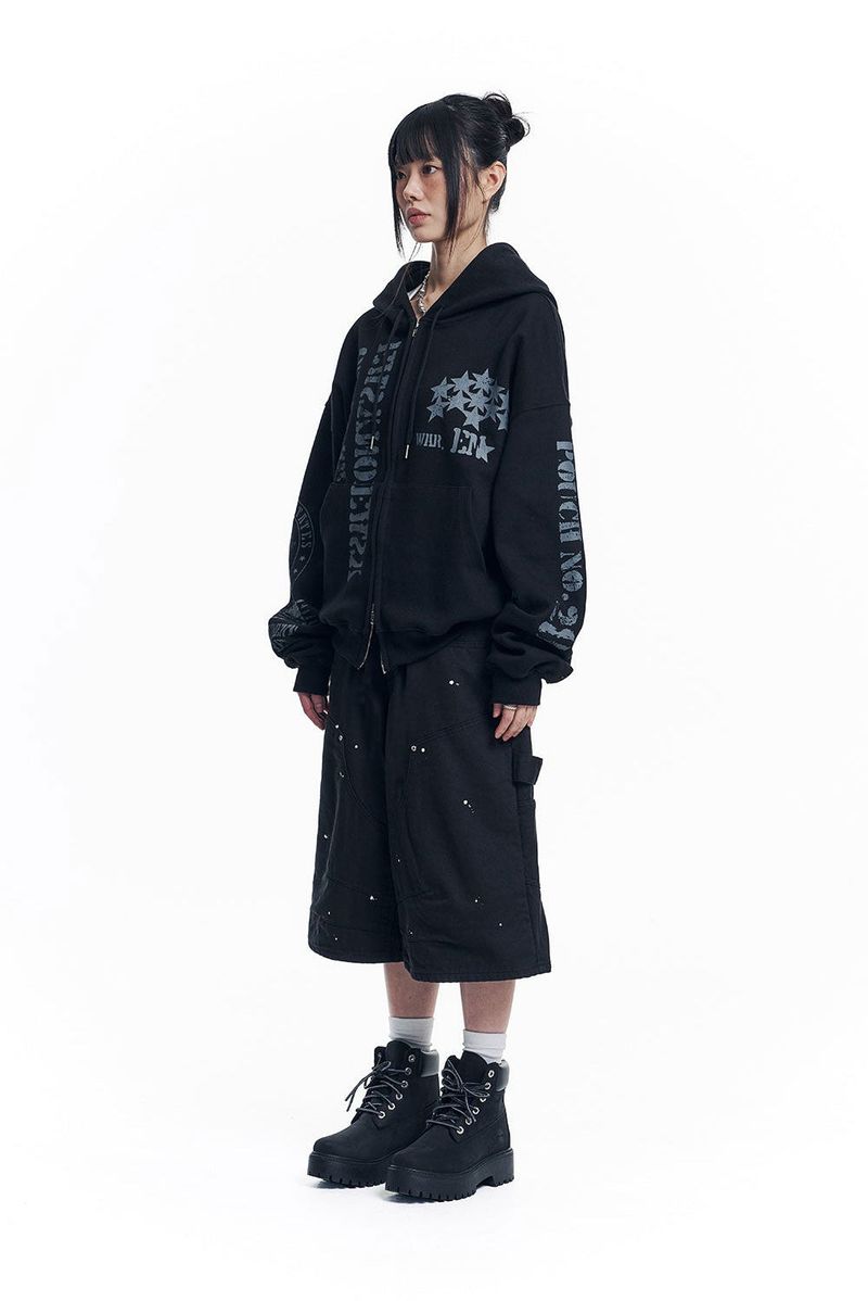 Marine Crack Print Hooded Zip-Up - Black
