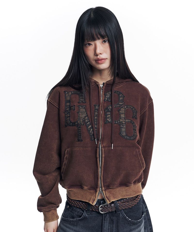 Washed Leather Patch Hooded Zip-Up - Brown
