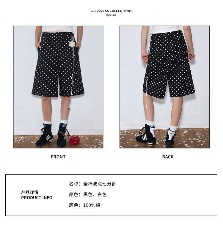 rirri 25 Spring/Summer Collection - カジュアルブラック&ホワイトポルカドットクロップドパンツ (高密度コットン100%)