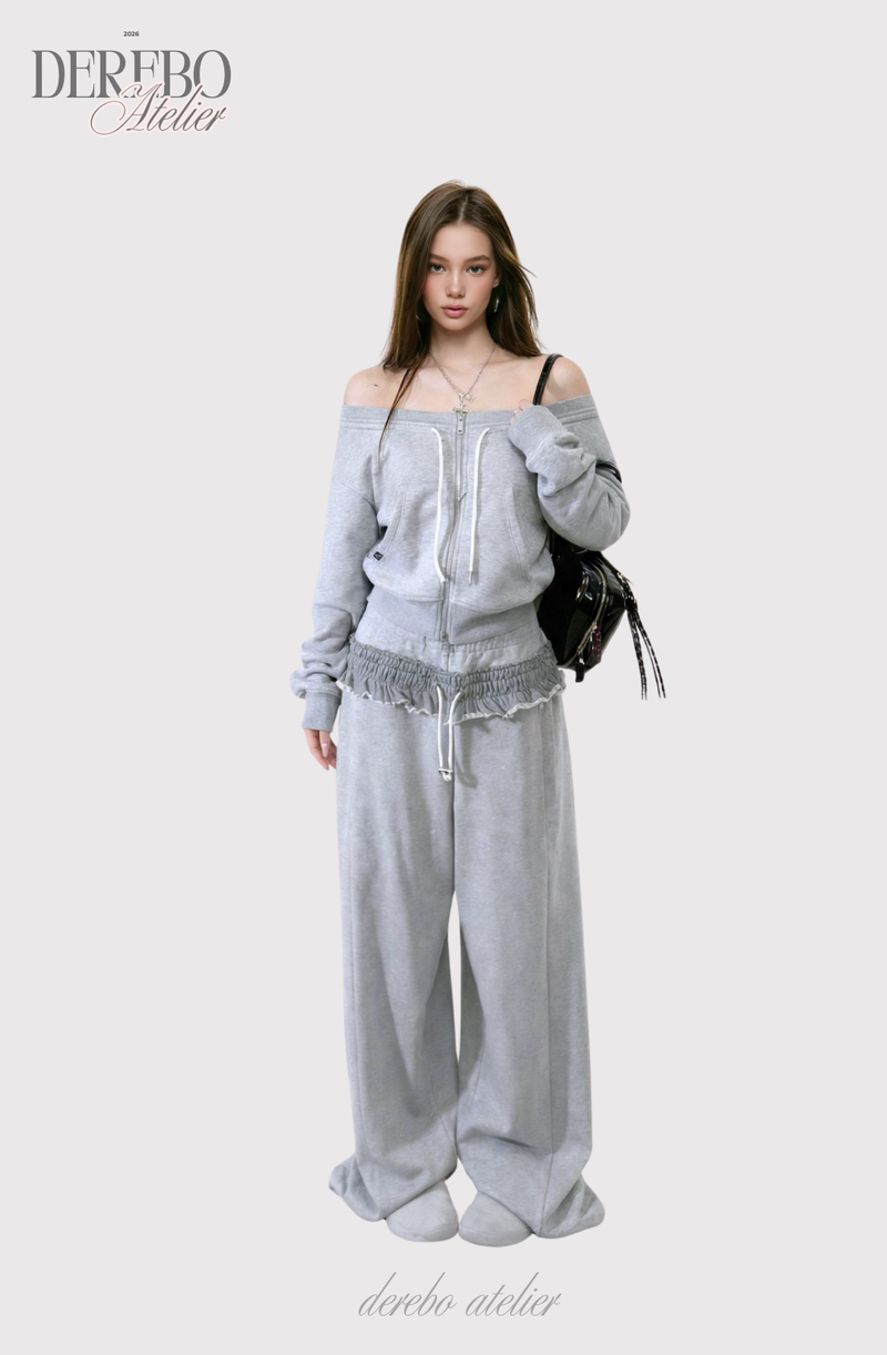 Grey off-shoulder zip-up frill training setup (SET)