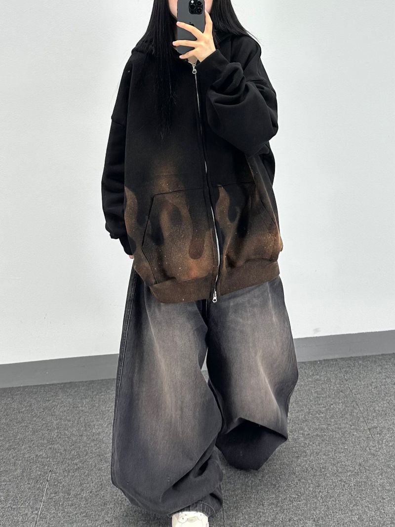 flame washed hooded zip-up