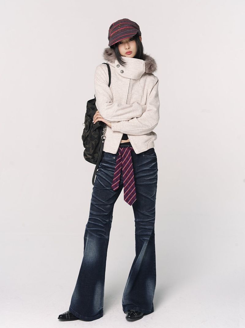 CONFUN Design sense three-dimensional cat whiskers, aged washed flared jeans style
