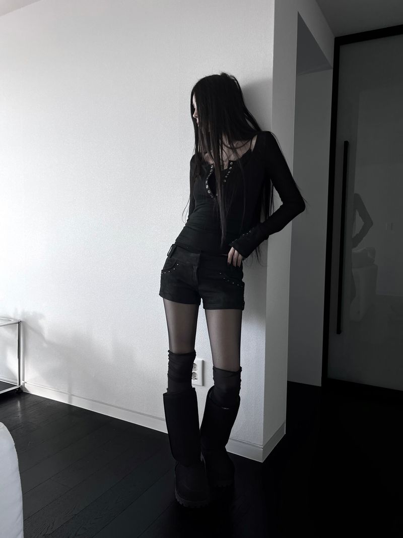 rock chic black button long sleeve T