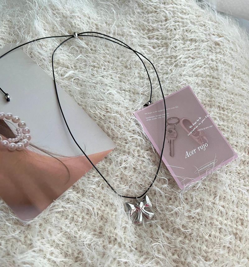 yun Big Ribbon Heart Stainless Steel Cowhide Rope Strap Strap Long Layered Necklace