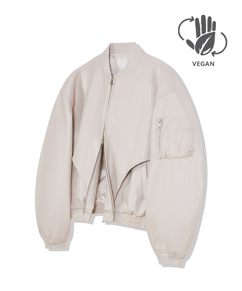 87-STAN026 [Vegan Leather] Curved Layer Bomber Leather Jacket Ivory