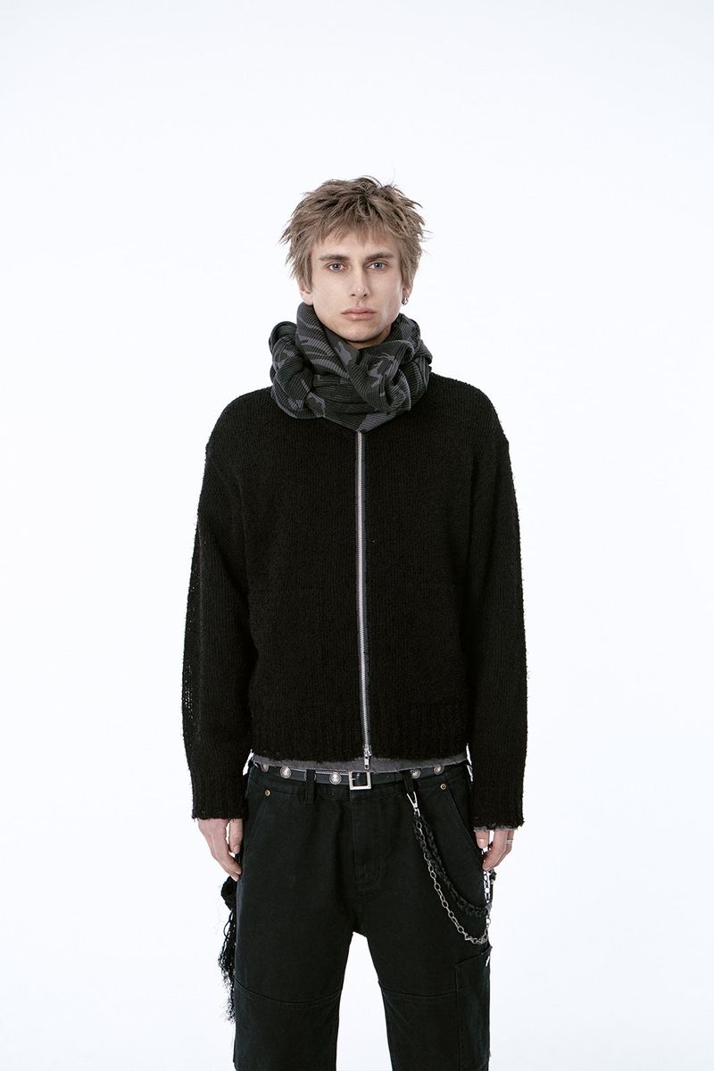 DAMAGED CROP NET KNIT ZIP UP (BLACK)