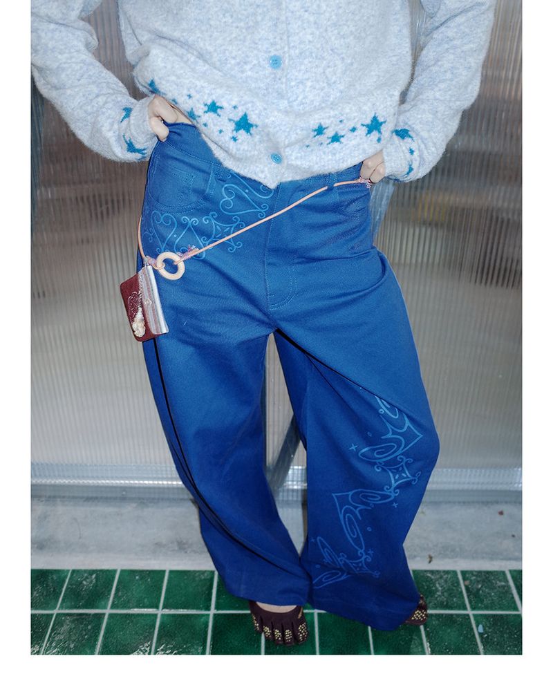 UnsocalNight2025 Original Literary Retro Autumn and Winter プリントブルーストレートマシェパンツ