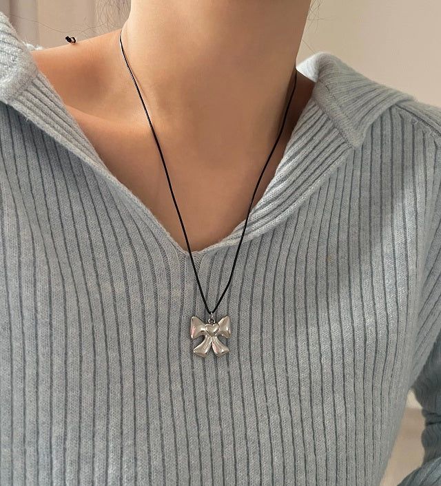 yun Big Ribbon Heart Stainless Steel Cowhide Rope Strap Strap Long Layered Necklace