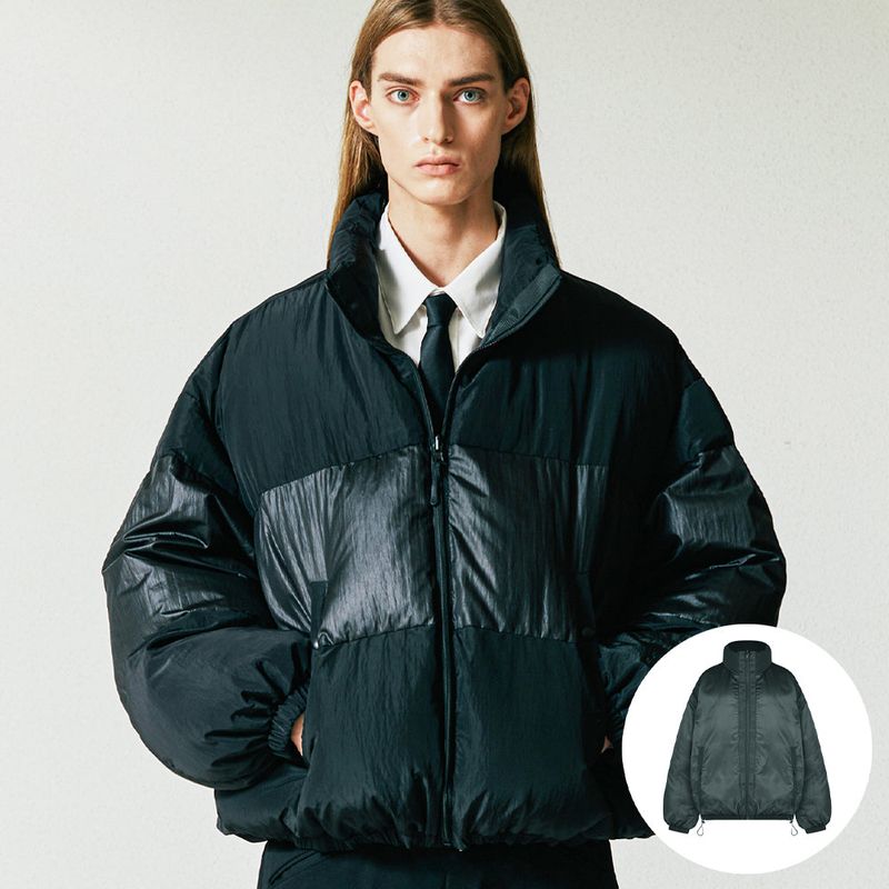 reversible wrinkles nylon high neck puffer