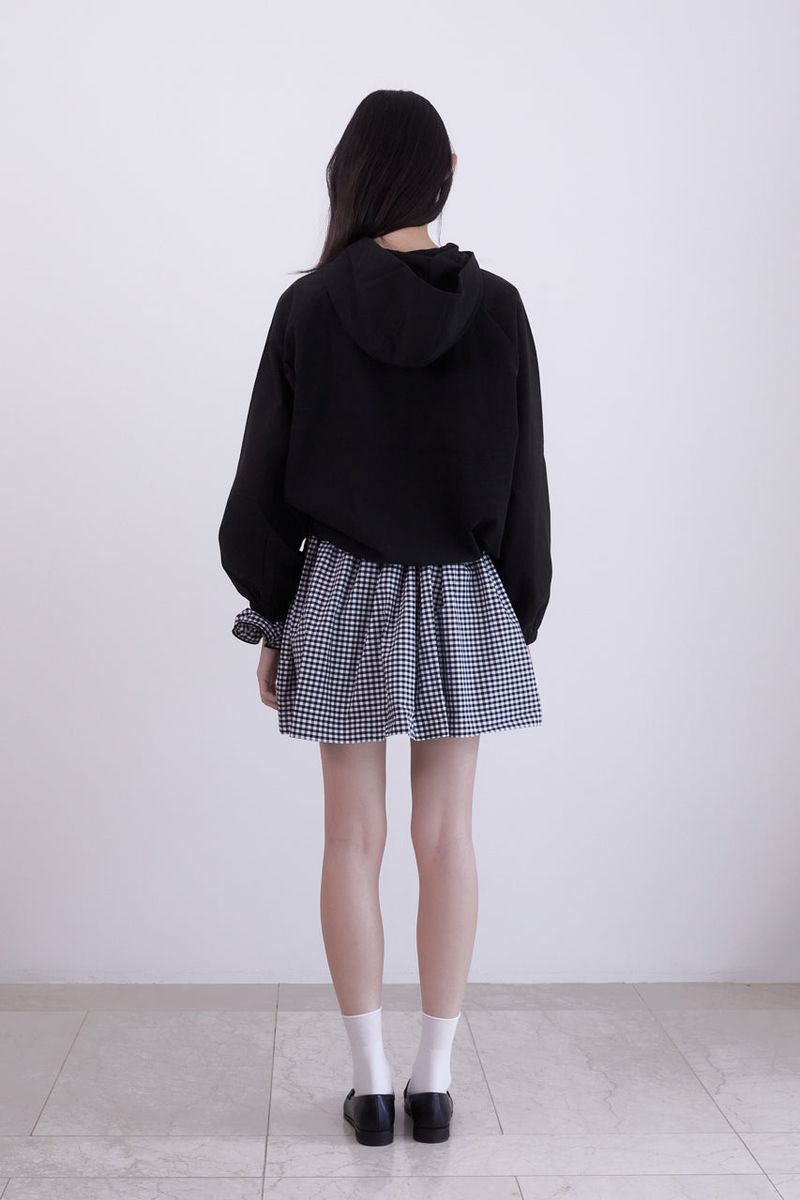 Gingham check pocket shirring mini skirt (BLACK)