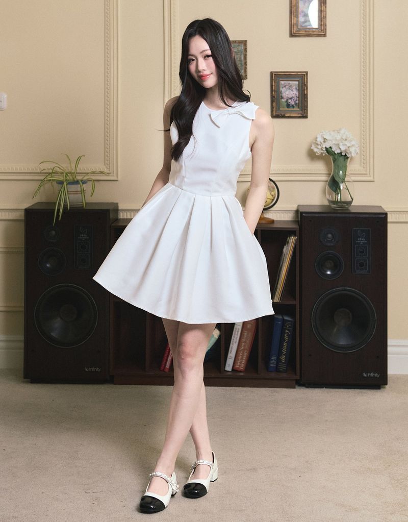 [LADY LINE] オフィーリアリボンポイントスリーブレスショートバルーンドレス ホワイト