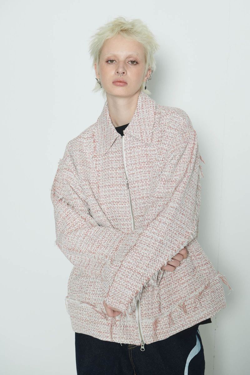 Raw Cut Detail Tweed Trucker Jacket Ivory & Red