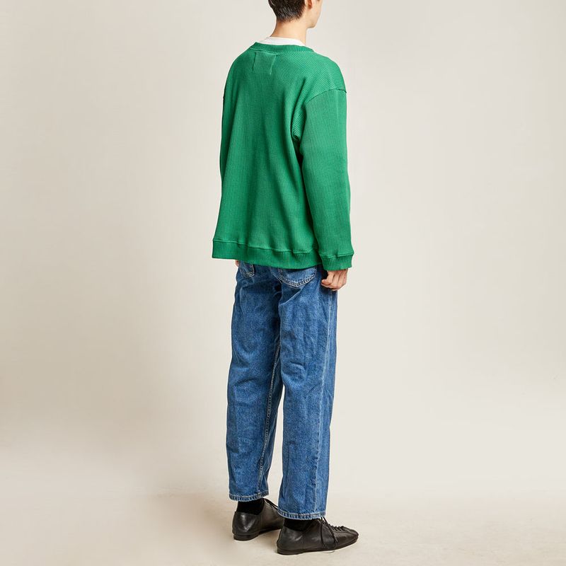 DAMP ROUND-NECK WAFFLE CARDIGAN_GREEN
