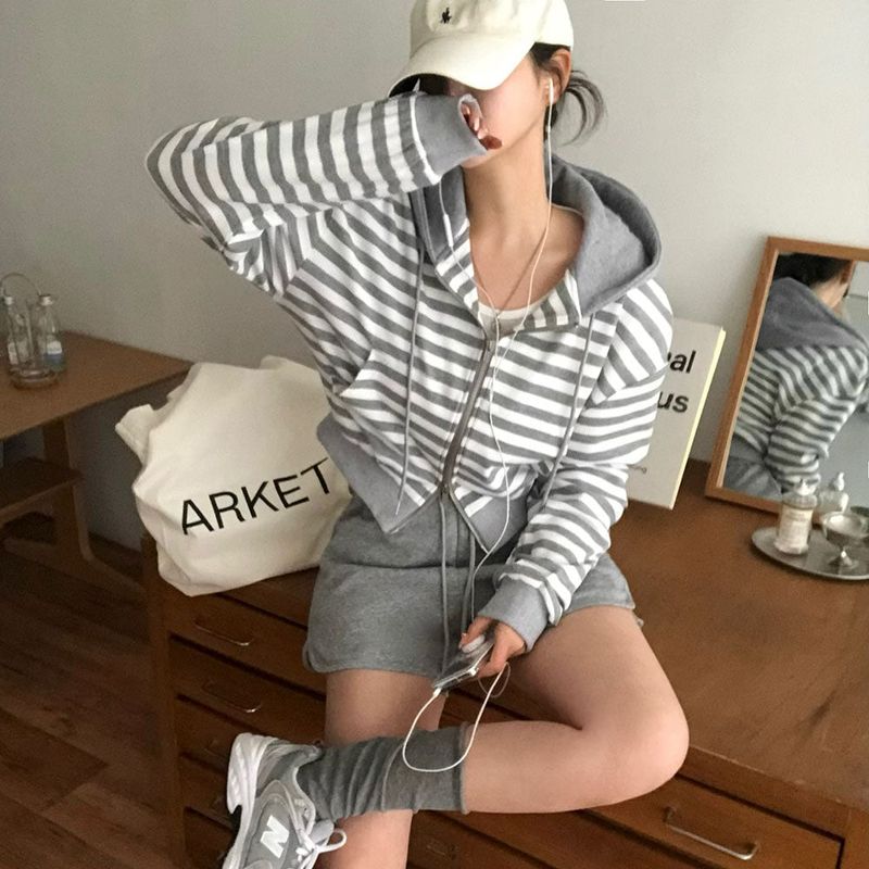 [BELLIDE MADE] Waffle stripe zip-up hoodie