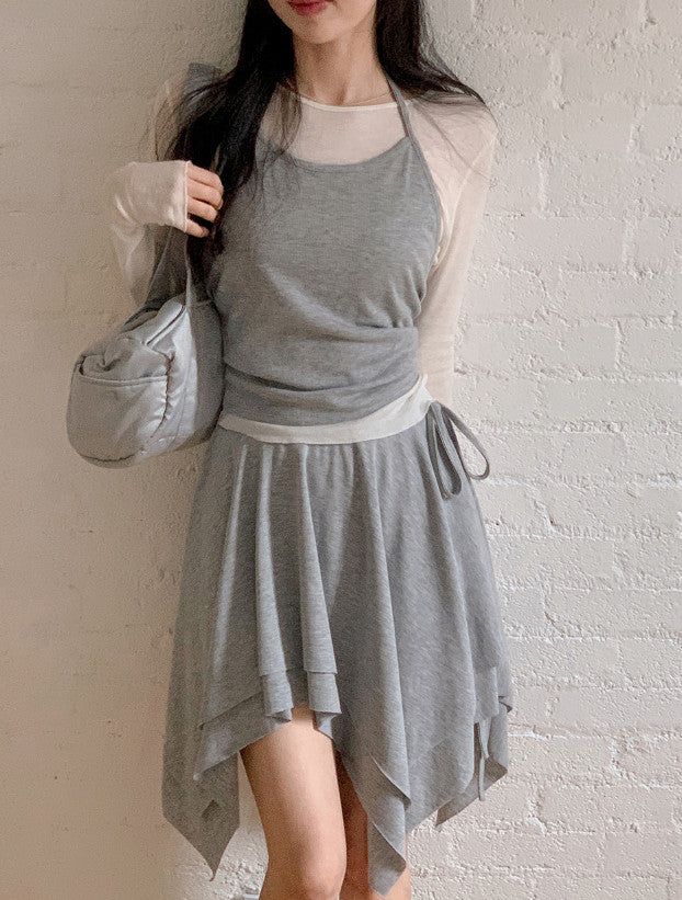 Halter Neck Ribbon Layered Sleeveless (3color)