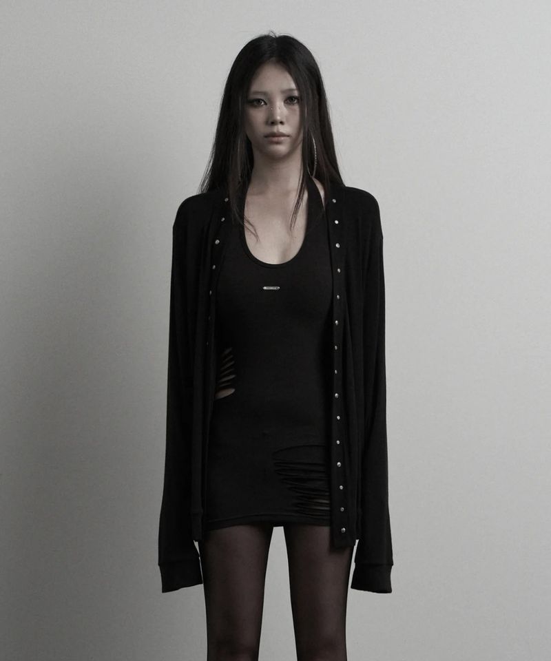 [label] wool rivet overfit open cardigan (black)