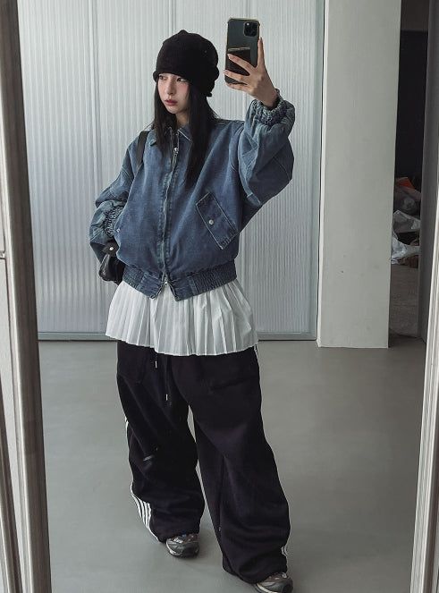Kanto incision denim two-way quilted flight jumper