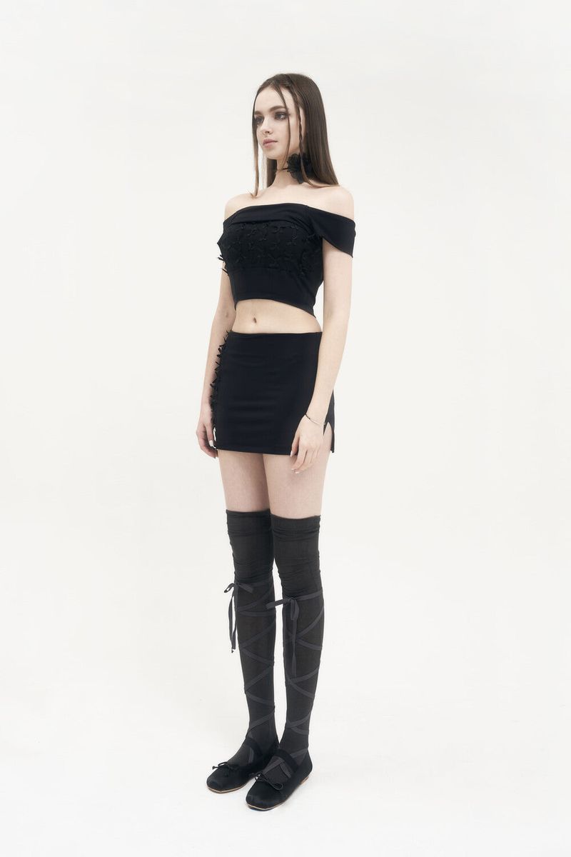  [Seow] Flap mesh ribbon top, black