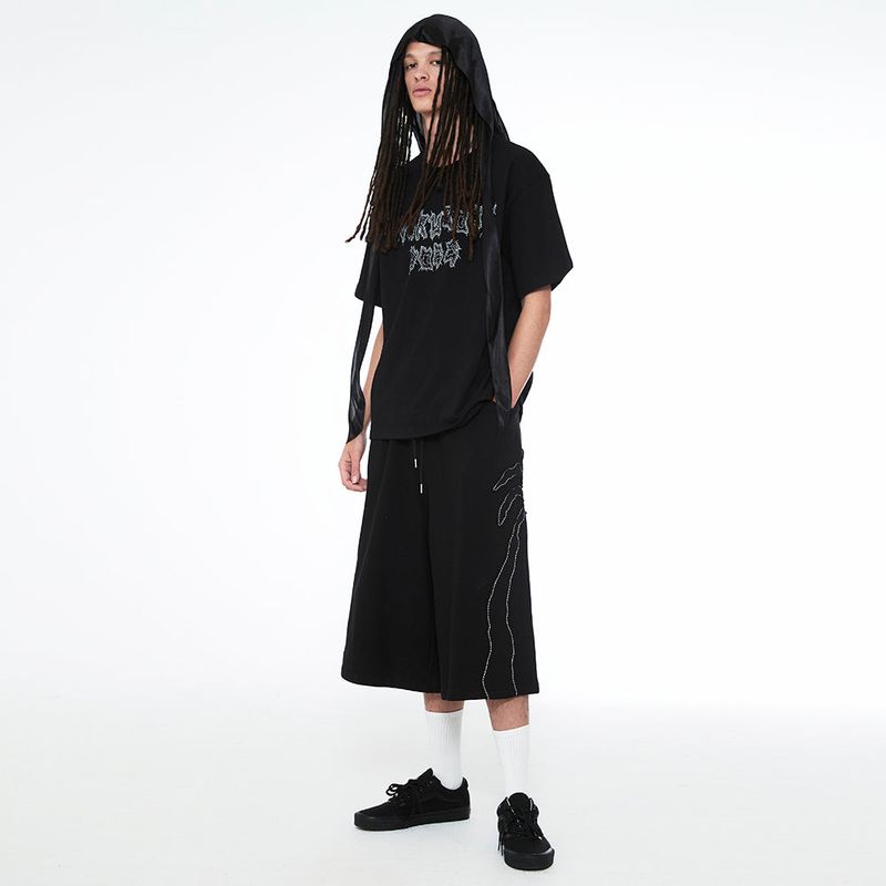 Palm Tree Appliqué Bermuda Sweat Pants Black