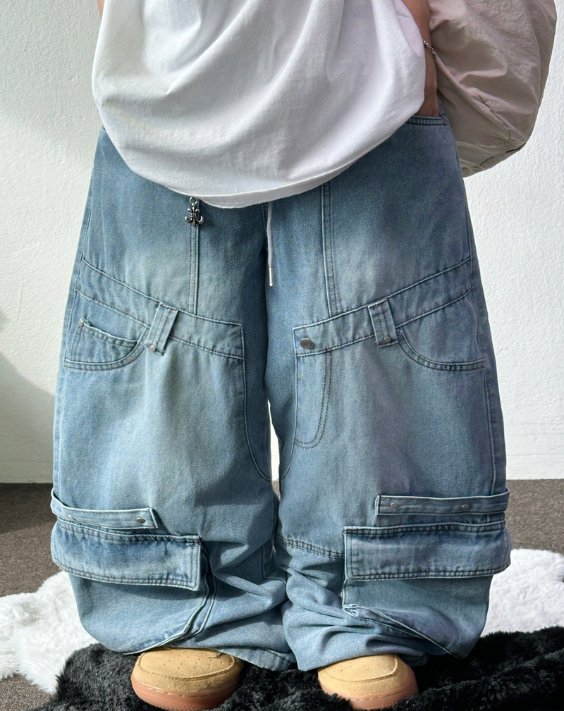 HIP RIVET KEYRING DOWN CARGO DENIM LONG PANTS🩵🩶 - 2 COLORS