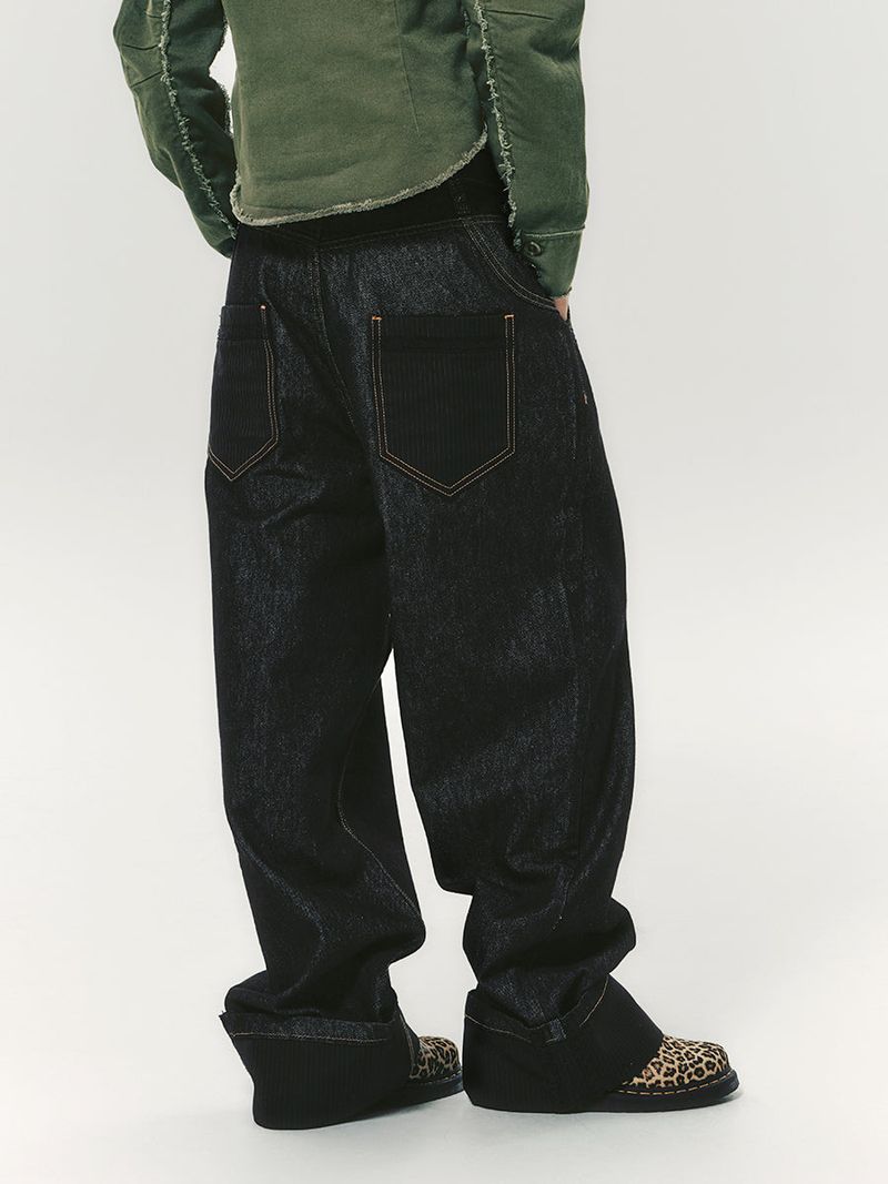 LACE ROLL UP DENIM PANTS BLACK