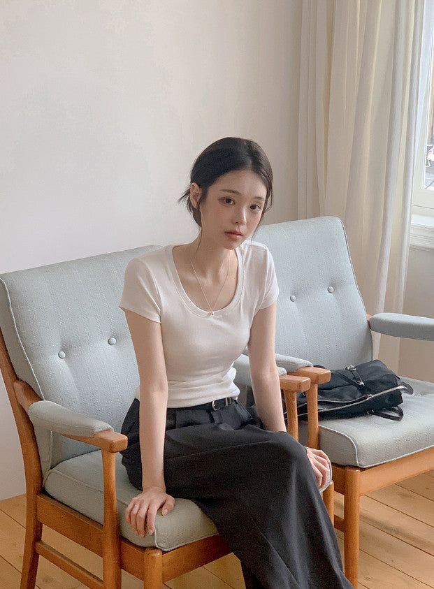 Basic Slim Rib U-neck Short Sleeve T-shirt (5color)