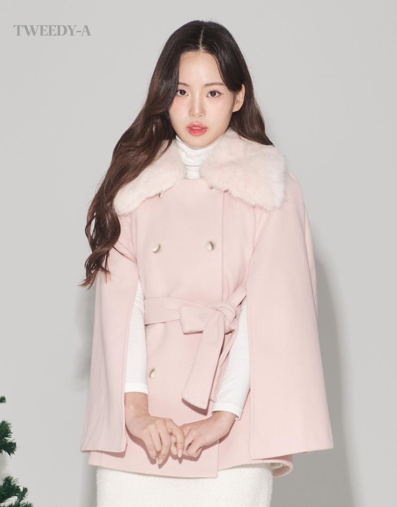 Dream fur collar belted double button quilted half single coat