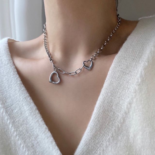 cuh Twin Heart Bold Chain Choker Long Necklace