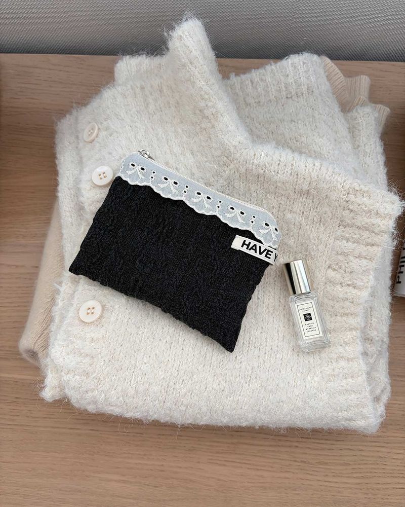 Ribbon lace cable flat pouch - charcoal , S size