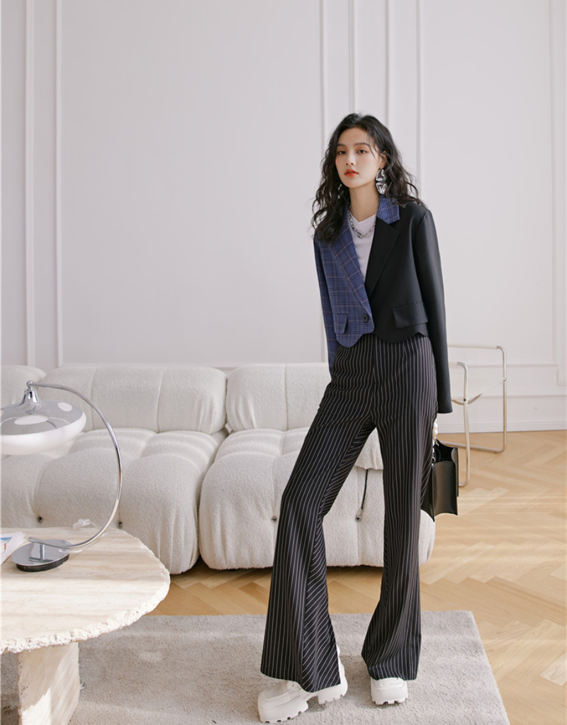 Blue check pattern unbalanced tailored short jacket