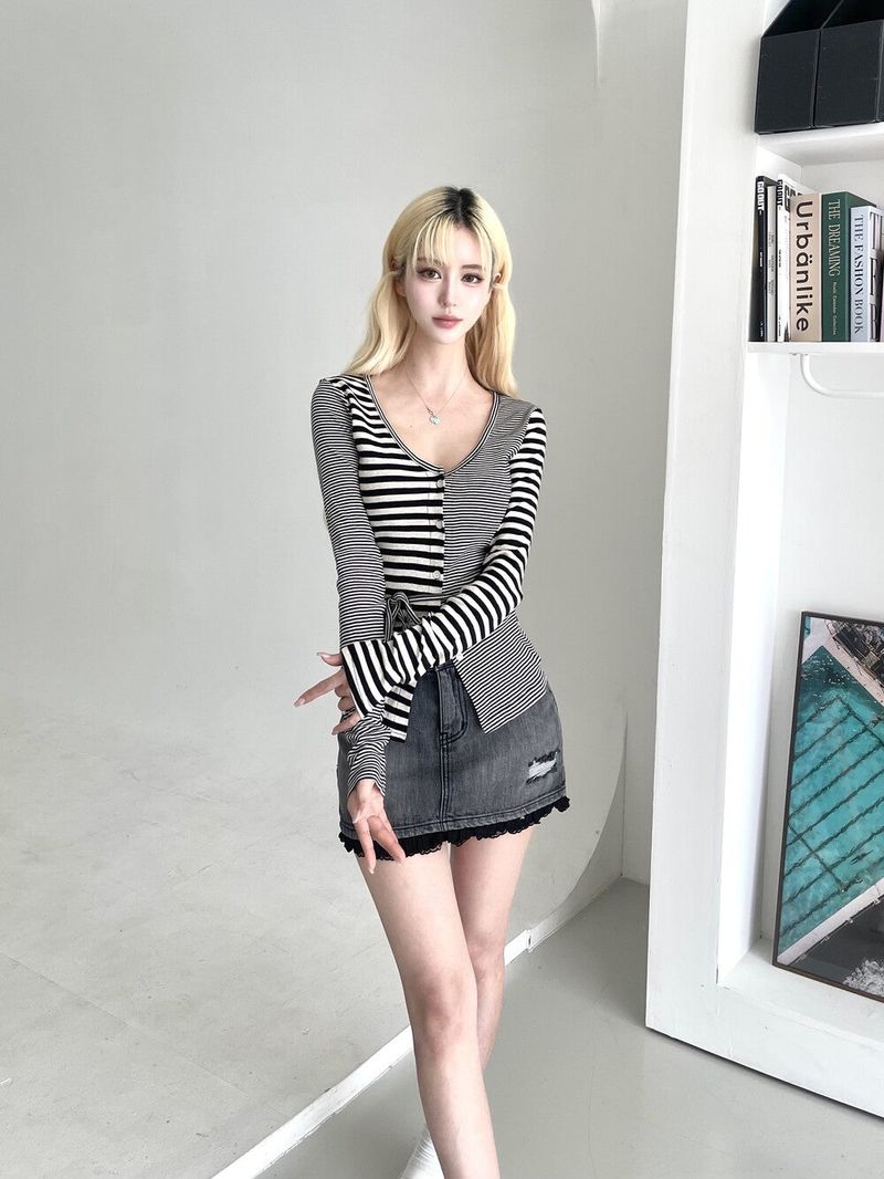 1482. denim frill damage mini skirt (2color)