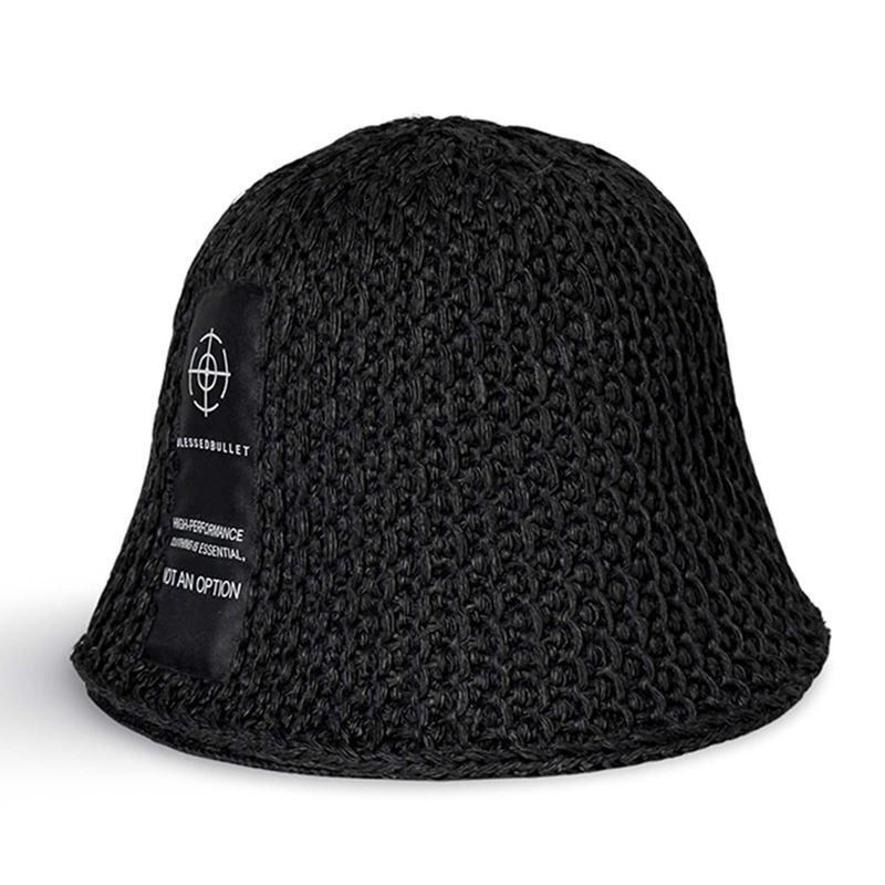 Over size long logo knit bucket hat_cold black