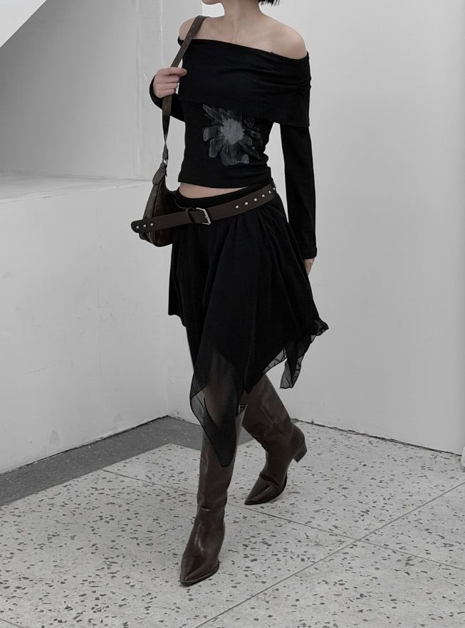 Roach chiffon unbalanced flare skirt