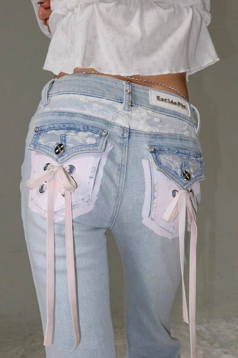 eat me plz（イート ミー プリーズ）の「EatmePlz Diamond Lace Ribbon Ballet Style Light Blue Jeans（Pants）」