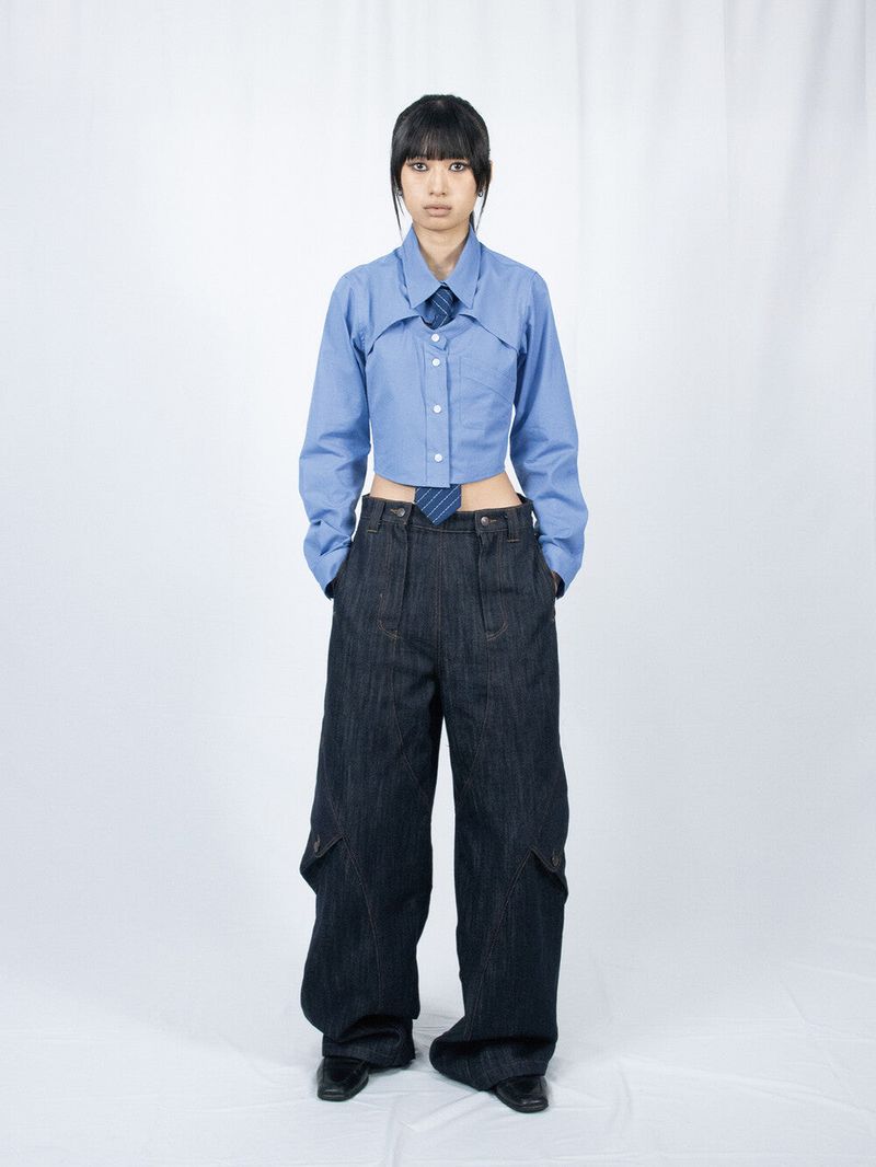 Crop Double Collar Shirts (Sky Blue)