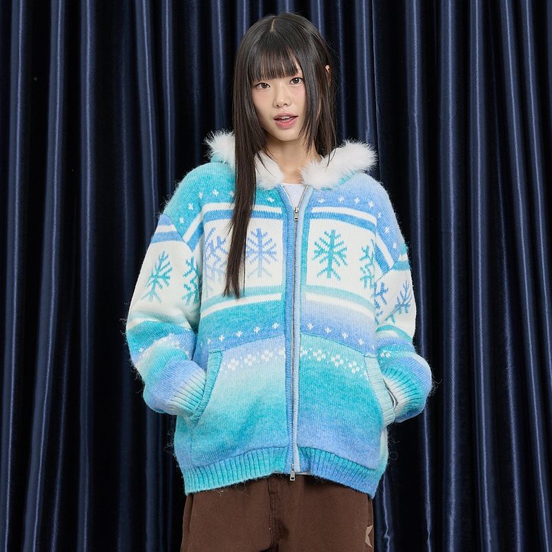 Snow Gradation Fur Hood Knit Zip Up