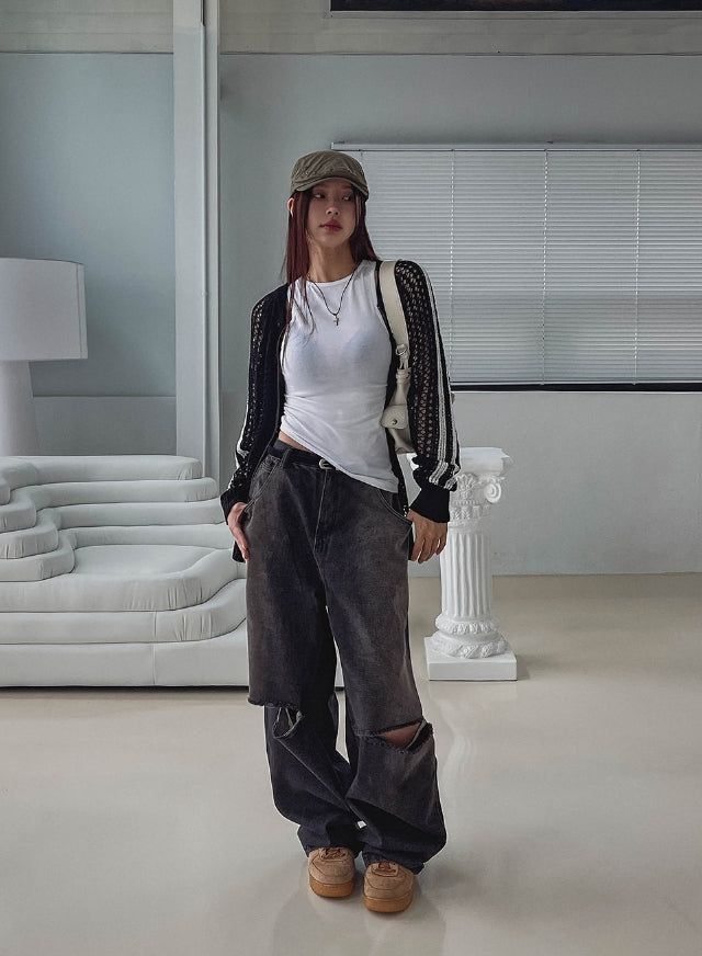 cross damage banding denim pants