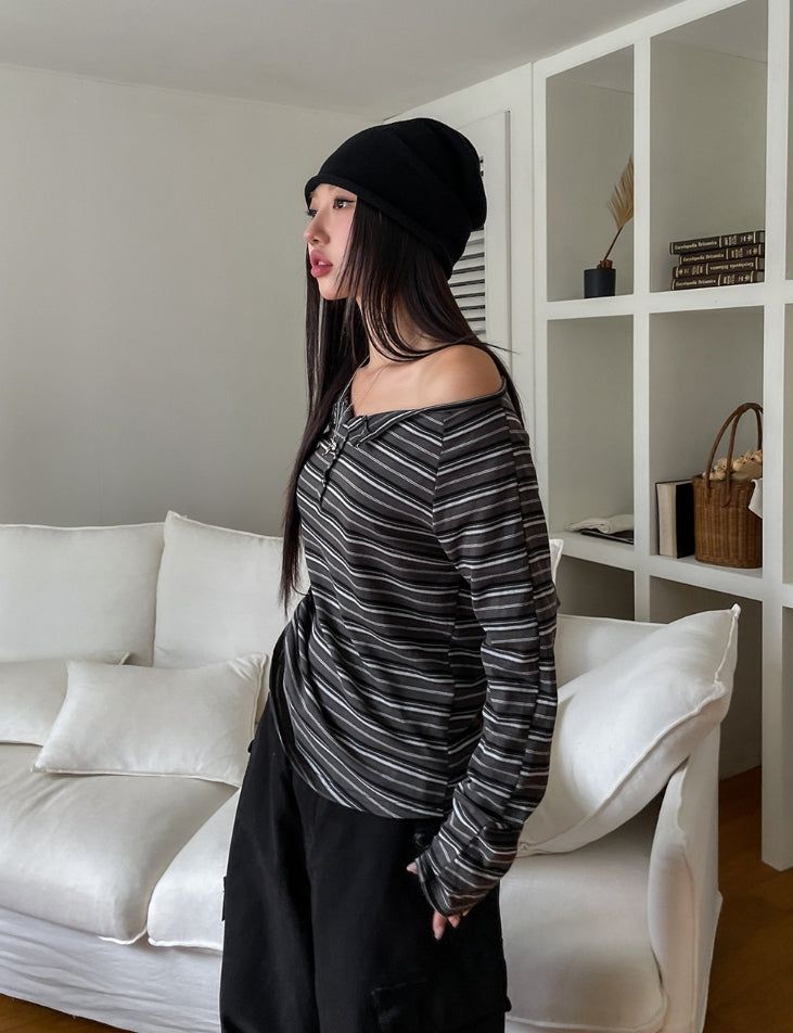 Dien Button Stripe Boat Neck Long Sleeve